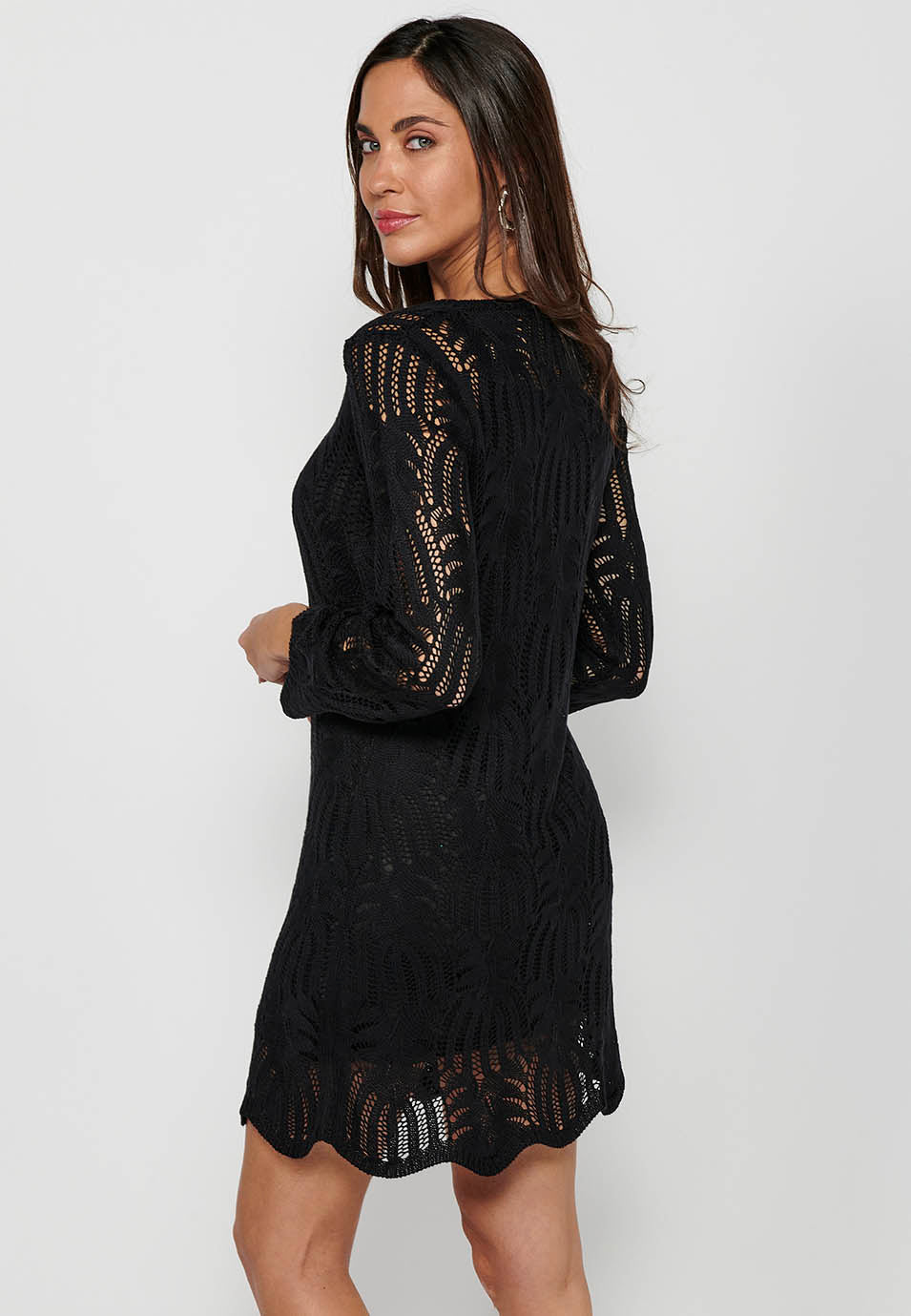 Vestido tricot con forro de manga larga acampanada con cuello redondo para mujer | moda actual