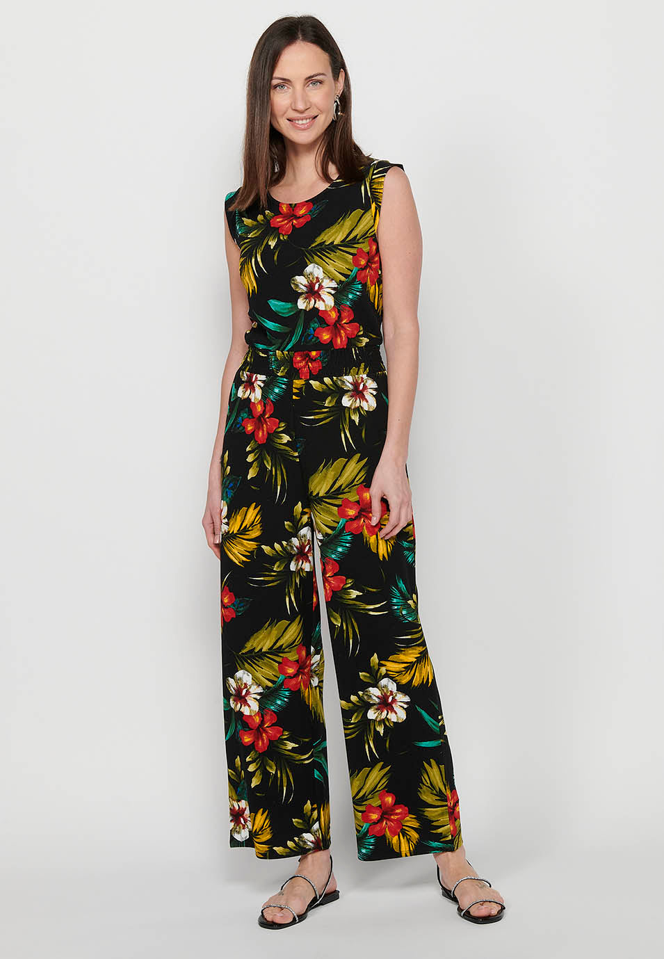 Vestido mono pantalón con cierre trasero con cremallera y estampado tropical floral de cuello redondo y ajustado en cintura con goma de multicolor para mujer | moda actual