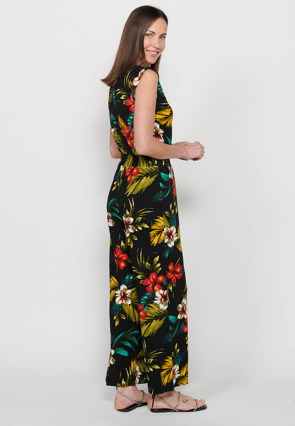 Vestido mono pantalón con cierre trasero con cremallera y estampado tropical floral de cuello redondo y ajustado en cintura con goma de multicolor para mujer | moda actual
