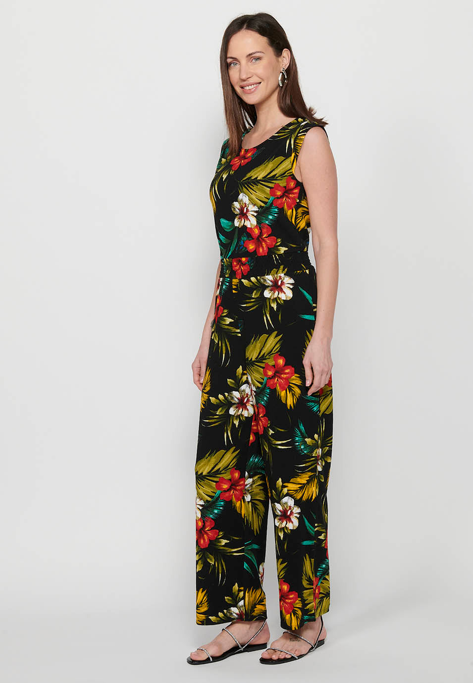 Vestido mono pantalón con cierre trasero con cremallera y estampado tropical floral de cuello redondo y ajustado en cintura con goma de multicolor para mujer | moda actual