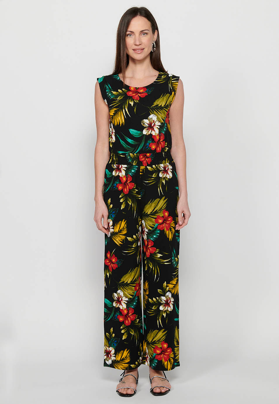 Vestido mono pantalón con cierre trasero con cremallera y estampado tropical floral de cuello redondo y ajustado en cintura con goma de multicolor para mujer | moda actual