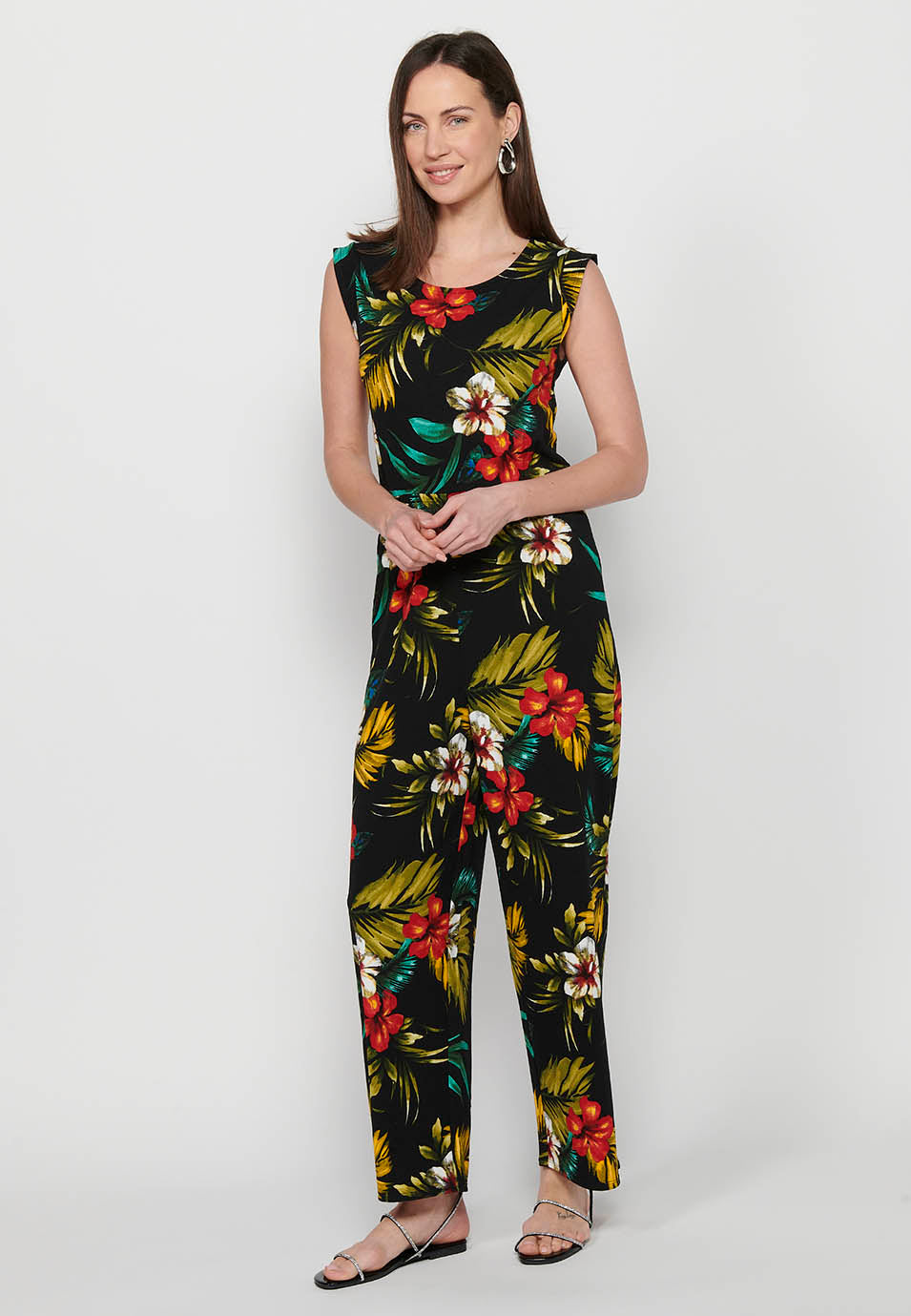 Vestido mono pantalón con cierre trasero con cremallera y estampado tropical floral de cuello redondo y ajustado en cintura con goma de multicolor para mujer | moda actual