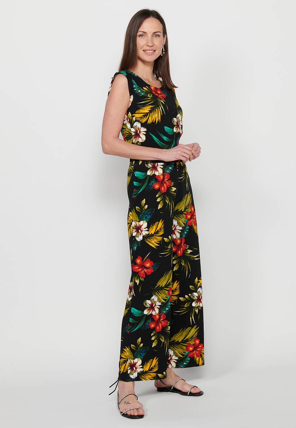Vestido mono pantalón con cierre trasero con cremallera y estampado tropical floral de cuello redondo y ajustado en cintura con goma de multicolor para mujer | moda actual