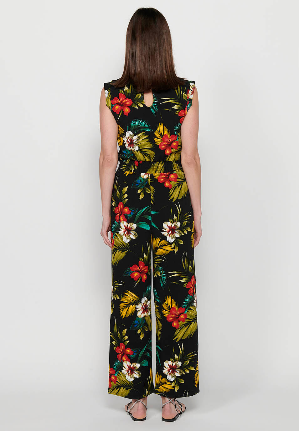 Vestido mono pantalón con cierre trasero con cremallera y estampado tropical floral de cuello redondo y ajustado en cintura con goma de multicolor para mujer | moda actual