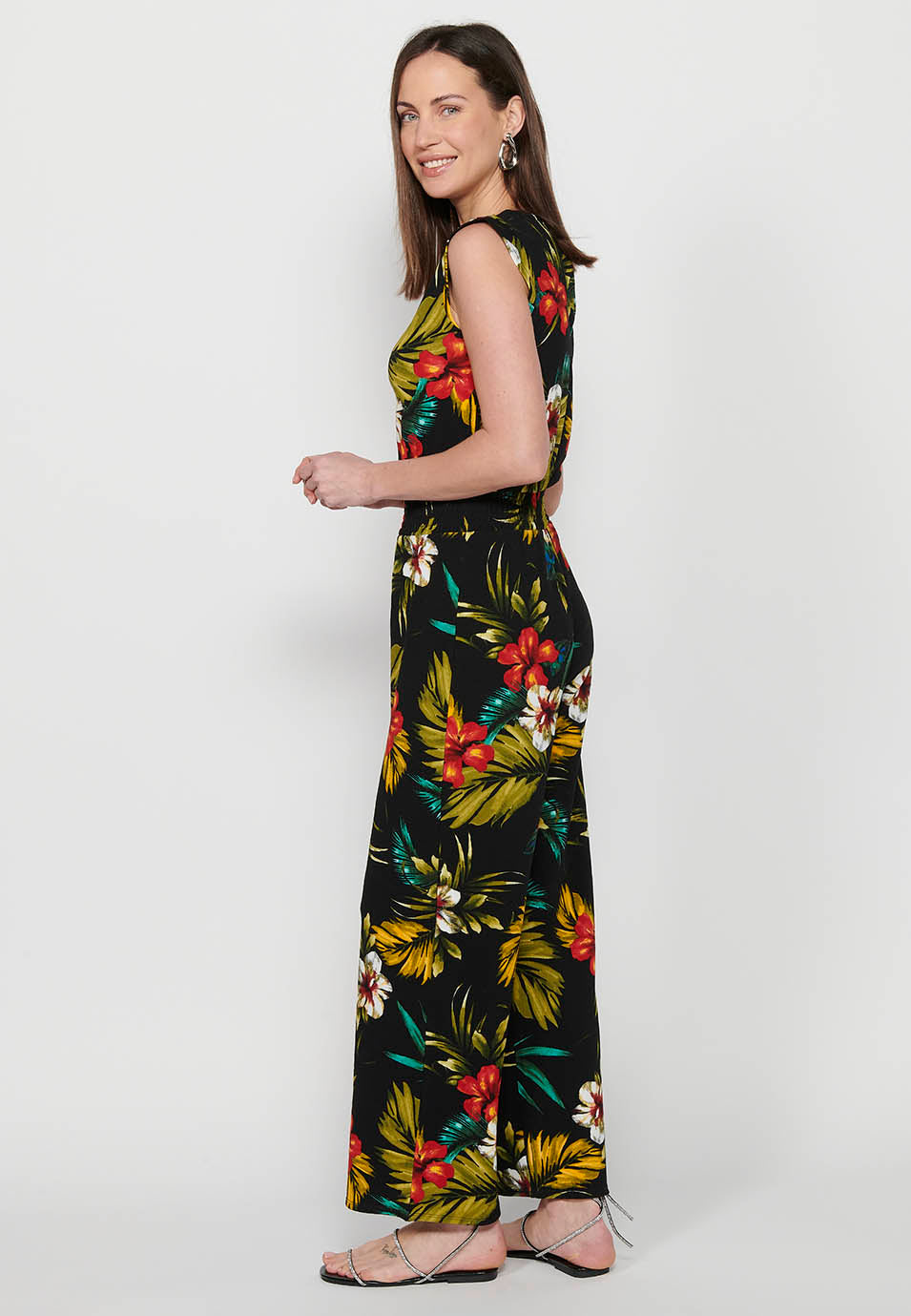 Vestido mono pantalón con cierre trasero con cremallera y estampado tropical floral de cuello redondo y ajustado en cintura con goma de multicolor para mujer | moda actual