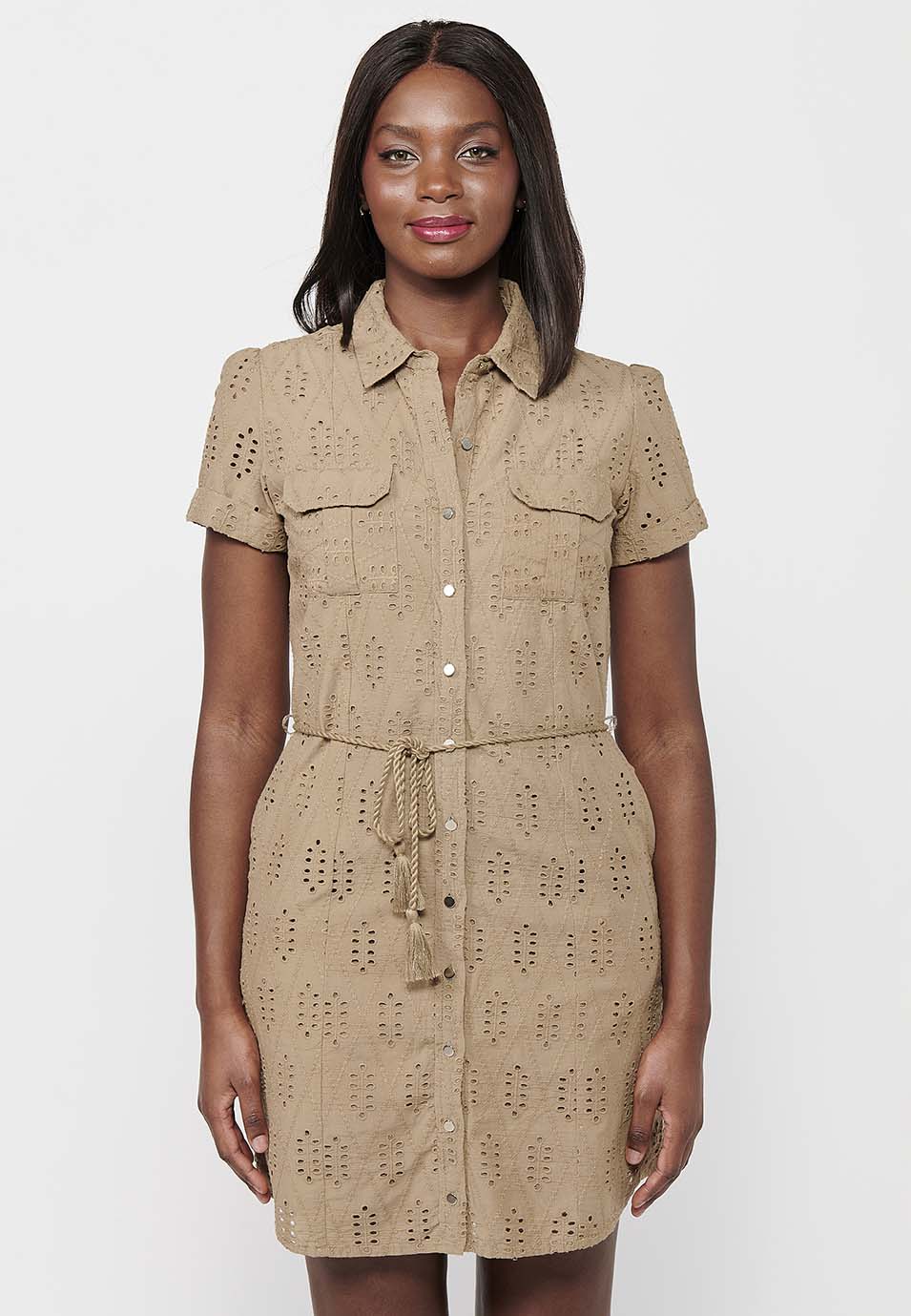 Vestido de manga corta, botones delanteros y cintura ajustada con cordón, para mujer | moda actual