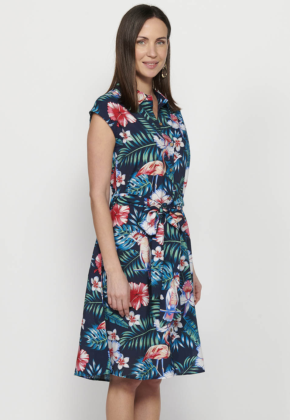 Vestido midi camisero de manga corta con cierre delantero con botones y estampado floral para mujer | moda actual