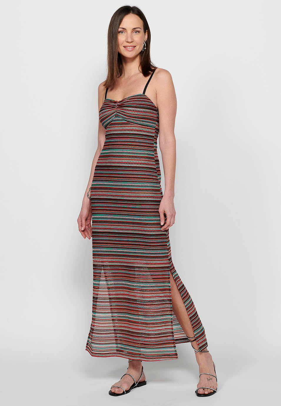 Vestido largo de tirantes ajustables con tejido calado con forro de multicolor para mujer | moda actual