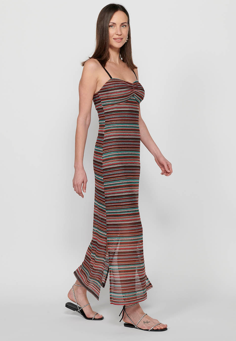 Vestido largo de tirantes ajustables con tejido calado con forro de multicolor para mujer | moda actual