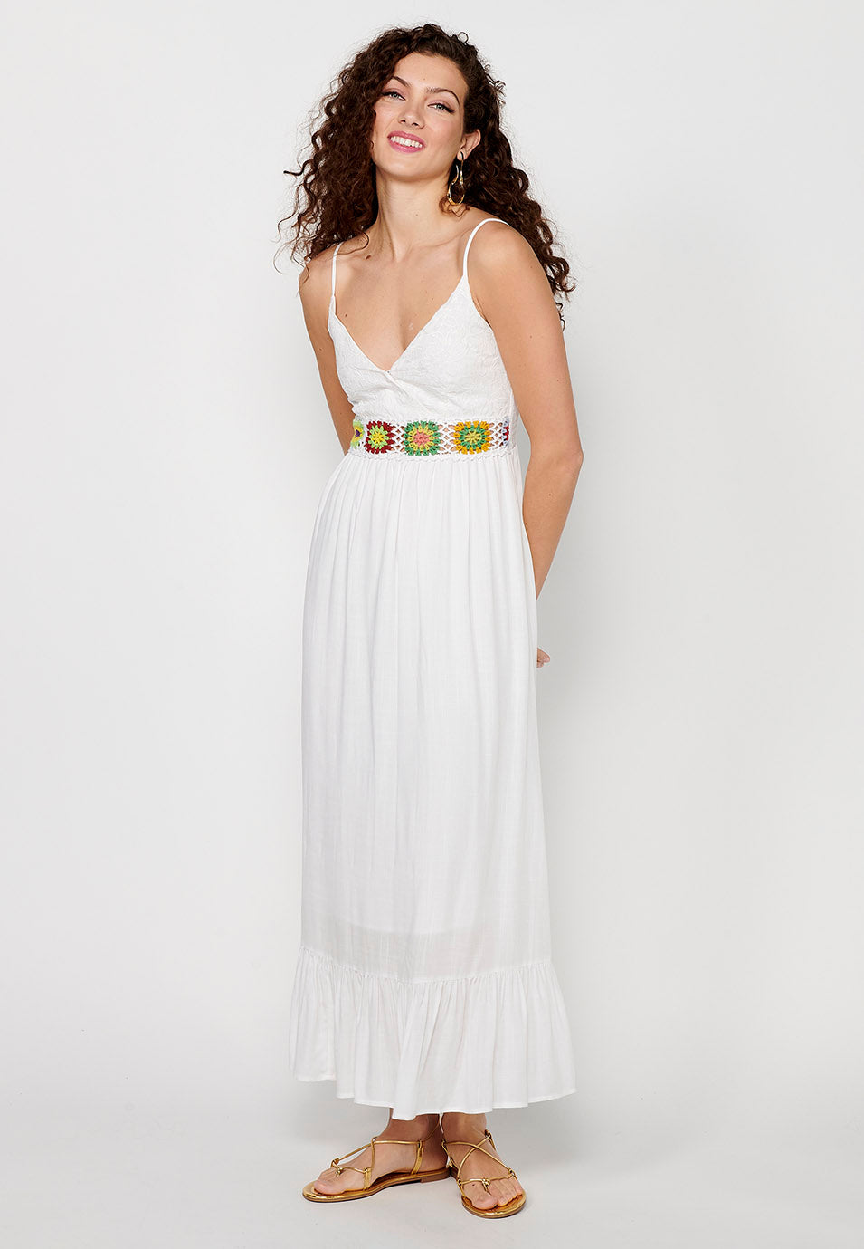 Vestido largo de tirantes ajustables con estampado floral y detalles bordados y botones delanteros para mujer | moda actual