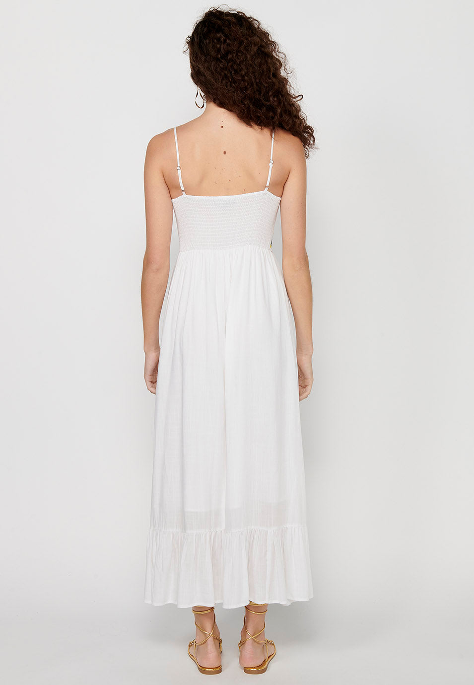 Vestido largo de tirantes ajustables con estampado floral y detalles bordados y botones delanteros para mujer | moda actual