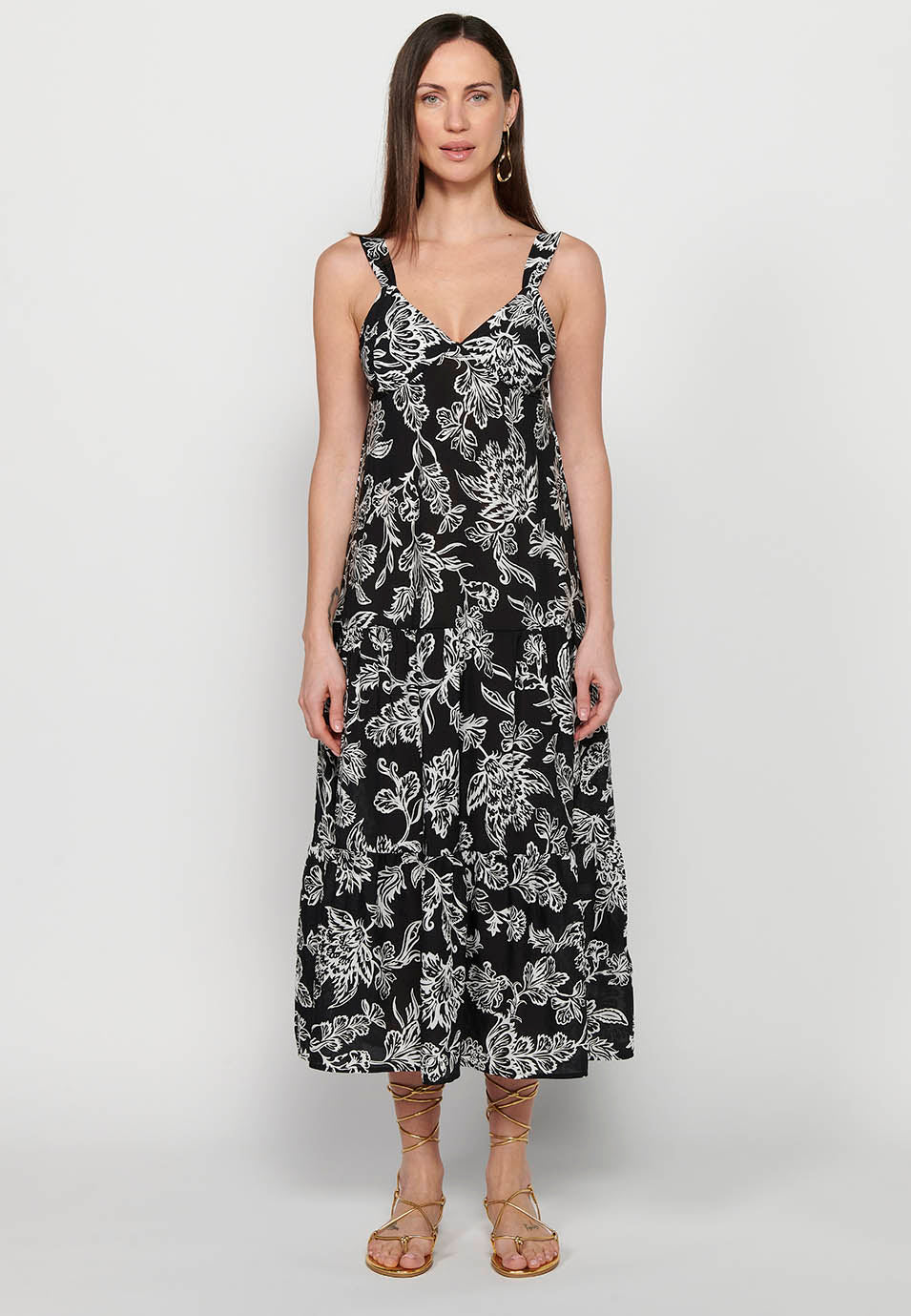 Vestido largo de tirante ancho con acabado en volante y escote en pico con estampado floral de multicolor para mujer | moda actual