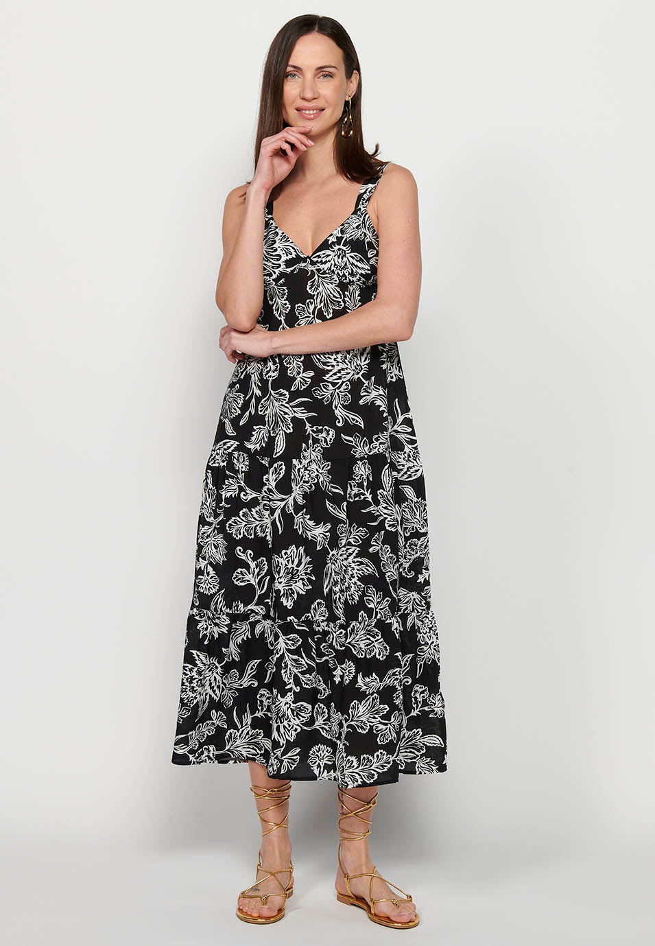 Vestido largo de tirante ancho con acabado en volante y escote en pico con estampado floral de multicolor para mujer | moda actual