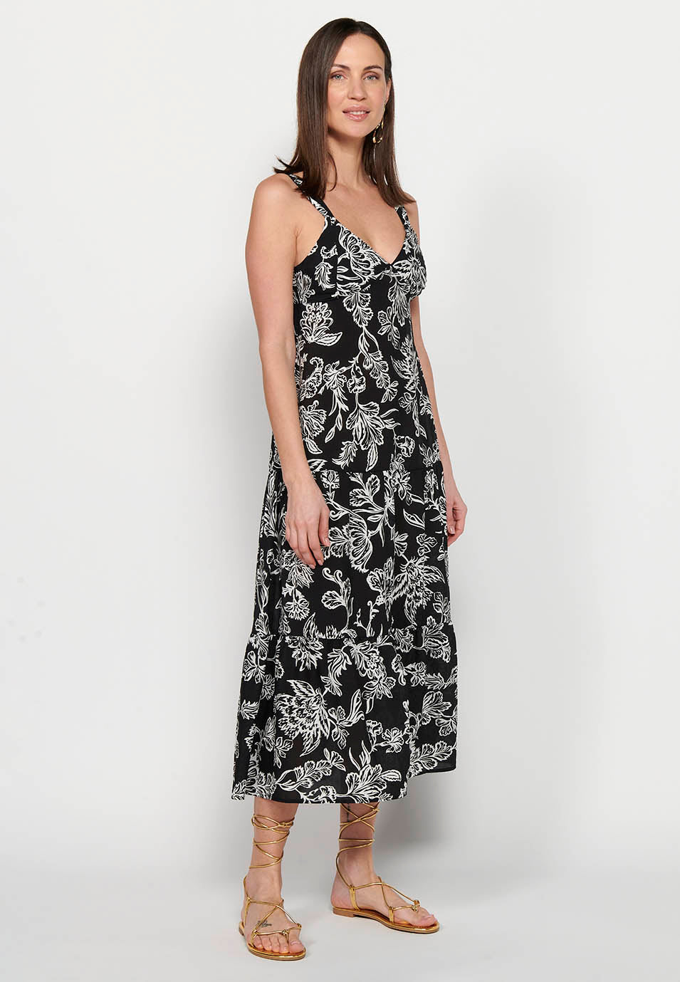Vestido largo de tirante ancho con acabado en volante y escote en pico con estampado floral de multicolor para mujer | moda actual