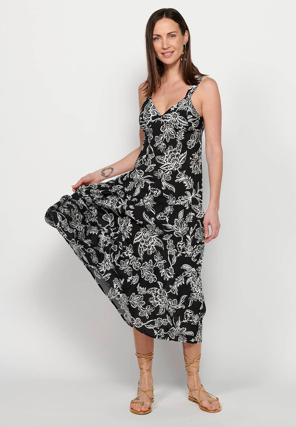 Vestido largo de tirante ancho con acabado en volante y escote en pico con estampado floral de multicolor para mujer | moda actual