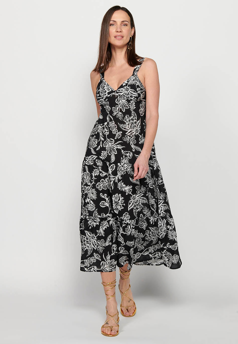 Vestido largo de tirante ancho con acabado en volante y escote en pico con estampado floral de multicolor para mujer | moda actual