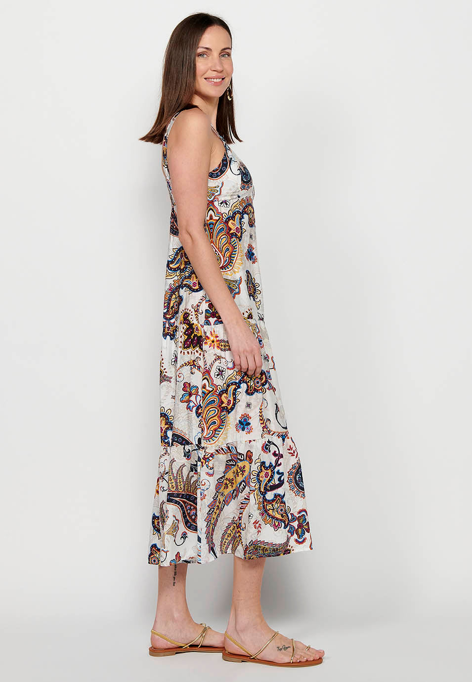 Vestido largo de tirante ancho con acabado en volante y escote en pico con estampado floral de multicolor para mujer | moda actual
