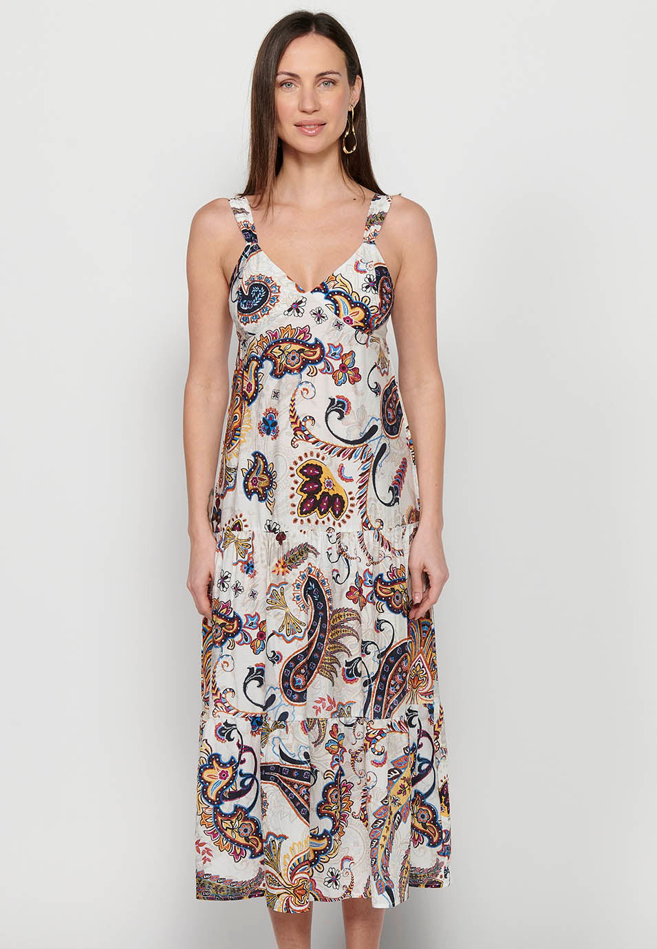 Vestido largo de tirante ancho con acabado en volante y escote en pico con estampado floral de multicolor para mujer | moda actual