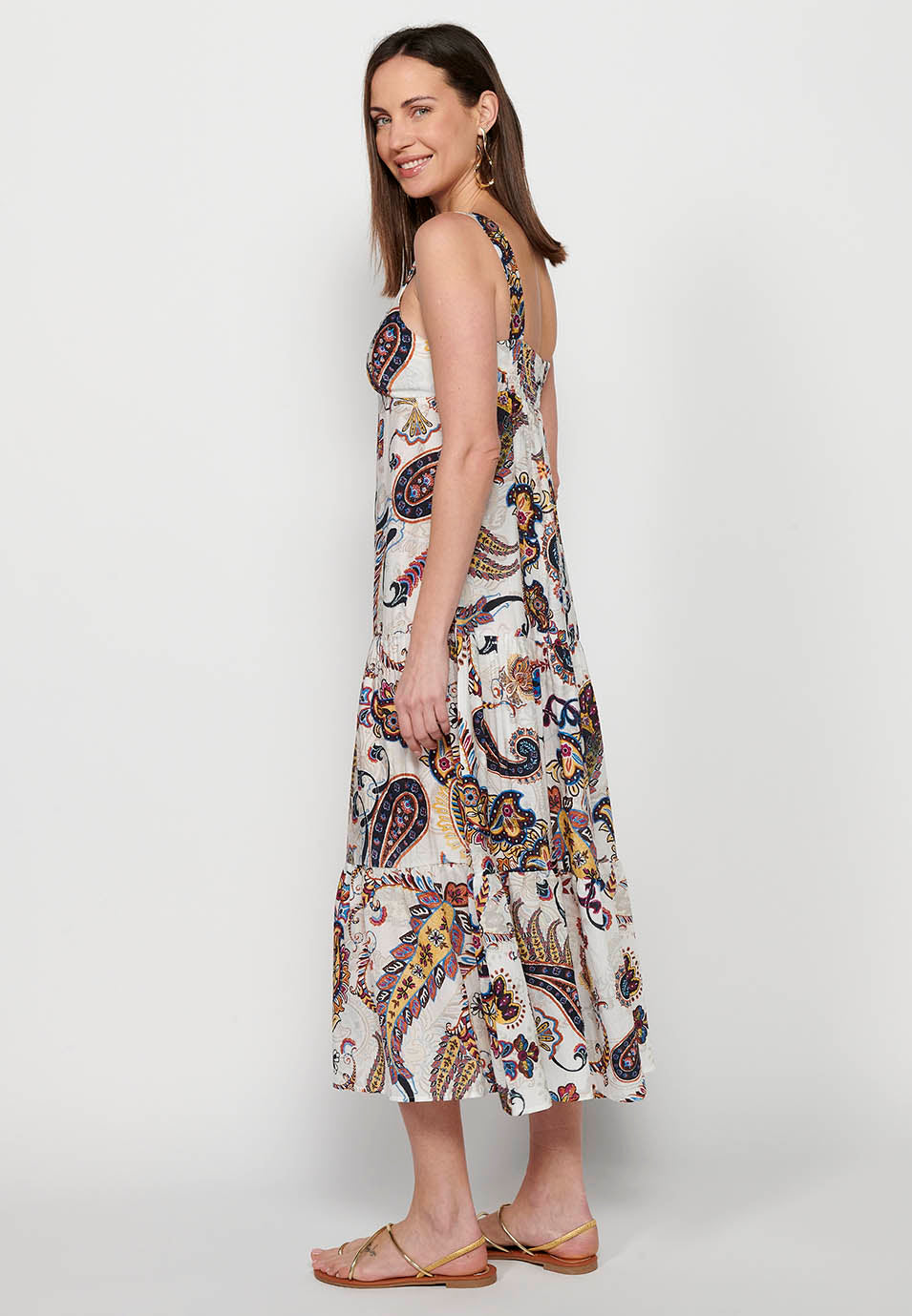 Vestido largo de tirante ancho con acabado en volante y escote en pico con estampado floral de multicolor para mujer | moda actual