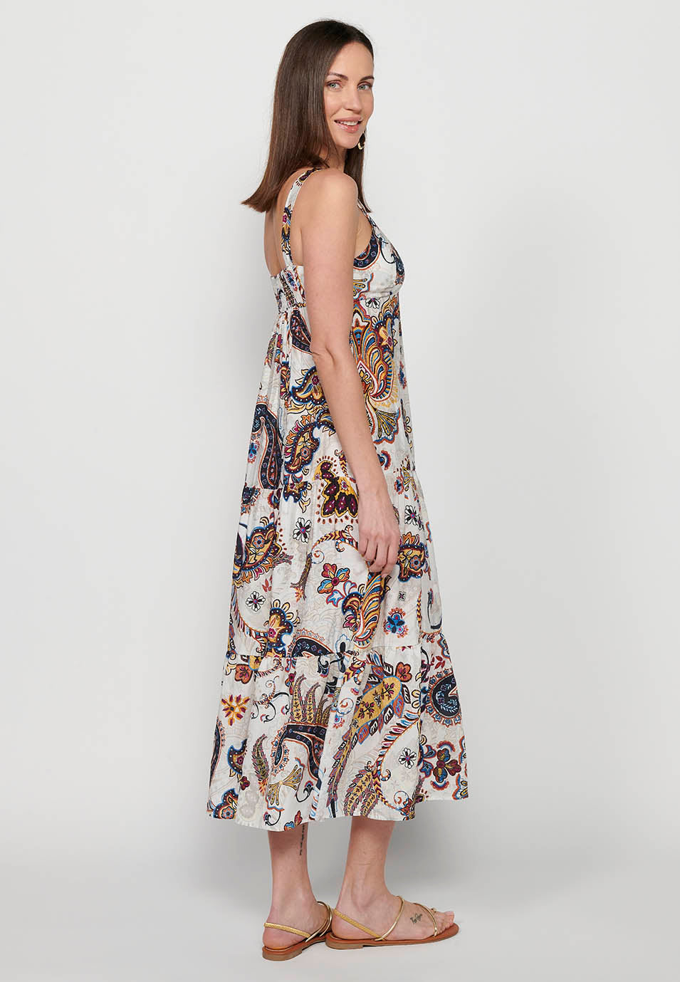 Vestido largo de tirante ancho con acabado en volante y escote en pico con estampado floral de multicolor para mujer | moda actual