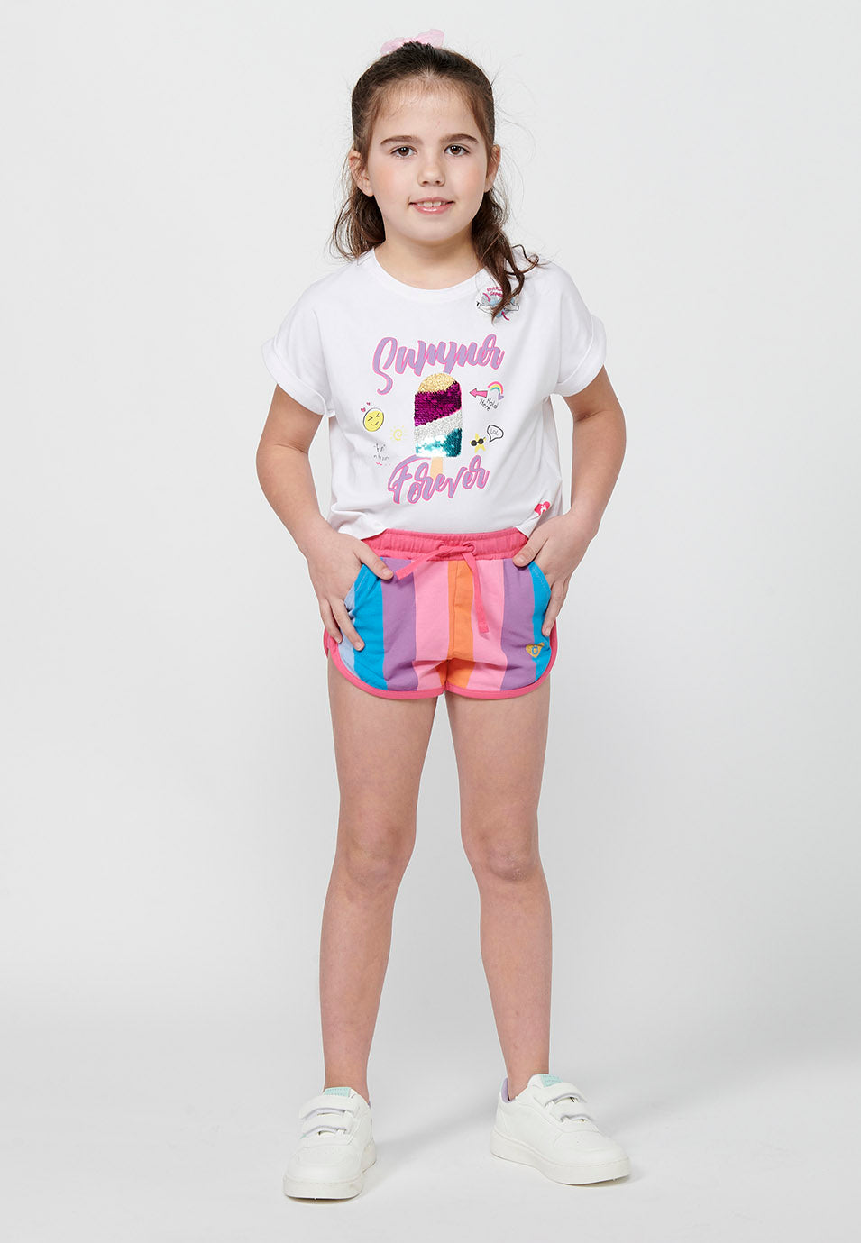 Pantalón Corto Niña Rayas Cintura Engomada – Koroshi Rosa
