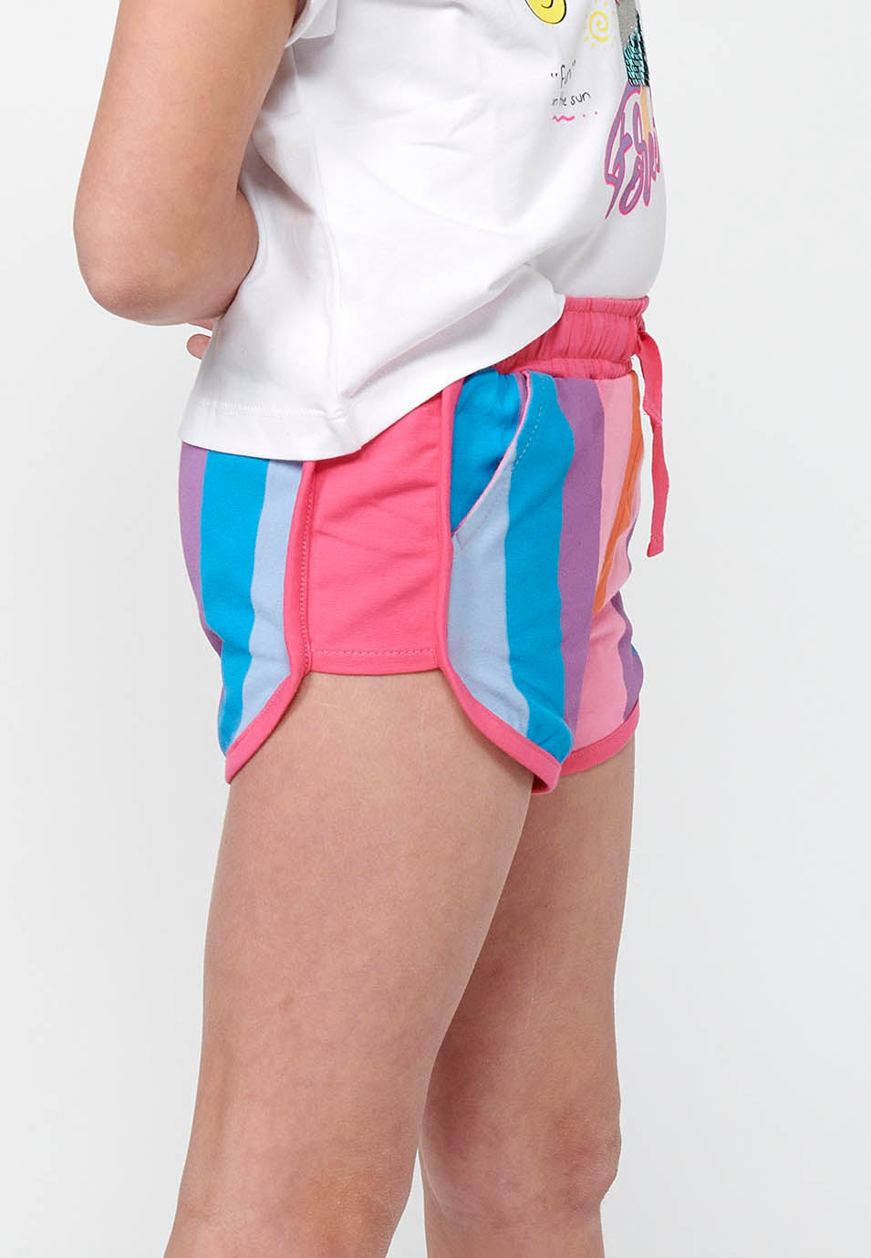 Pantalón Corto Niña Rayas Cintura Engomada – Koroshi Rosa
