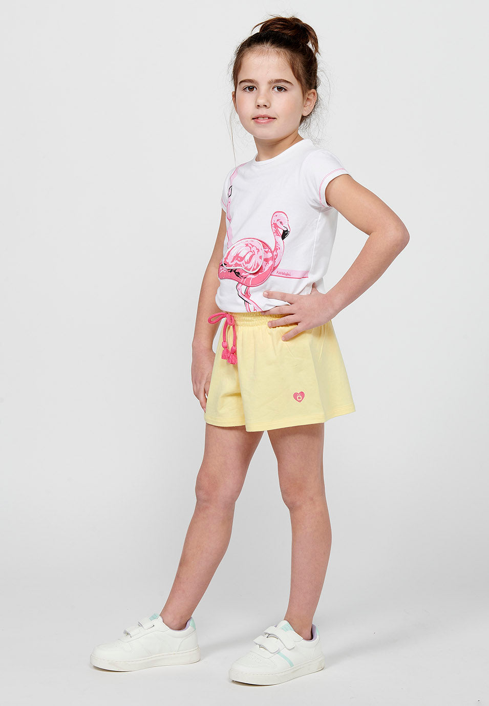 Camiseta Niña Manga Corta Estampada Bolsillo – Koroshi Blanco