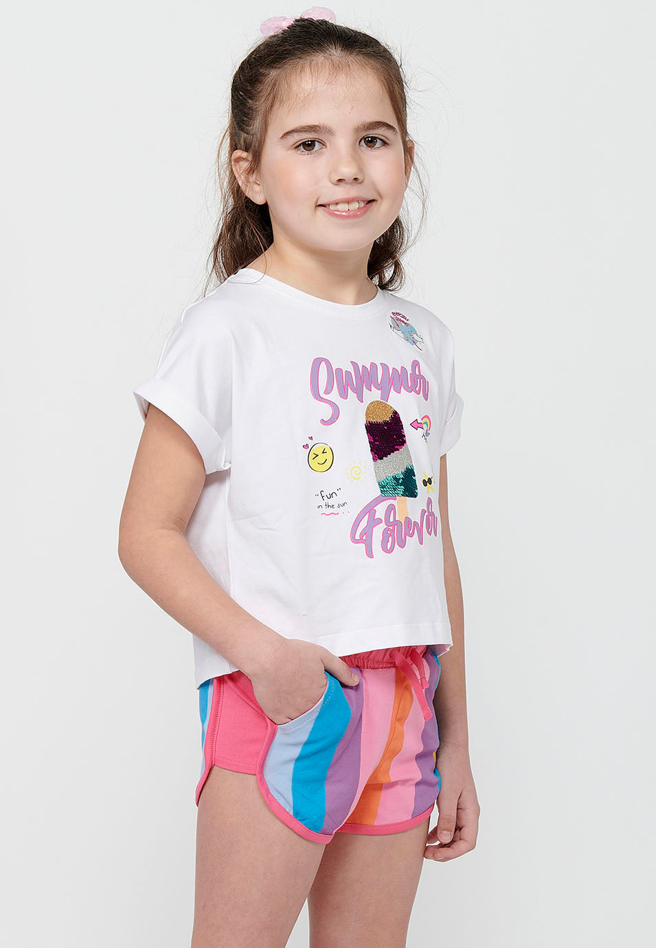 Camiseta Niña Manga Corta Estampado Reversible – Koroshi Blanco