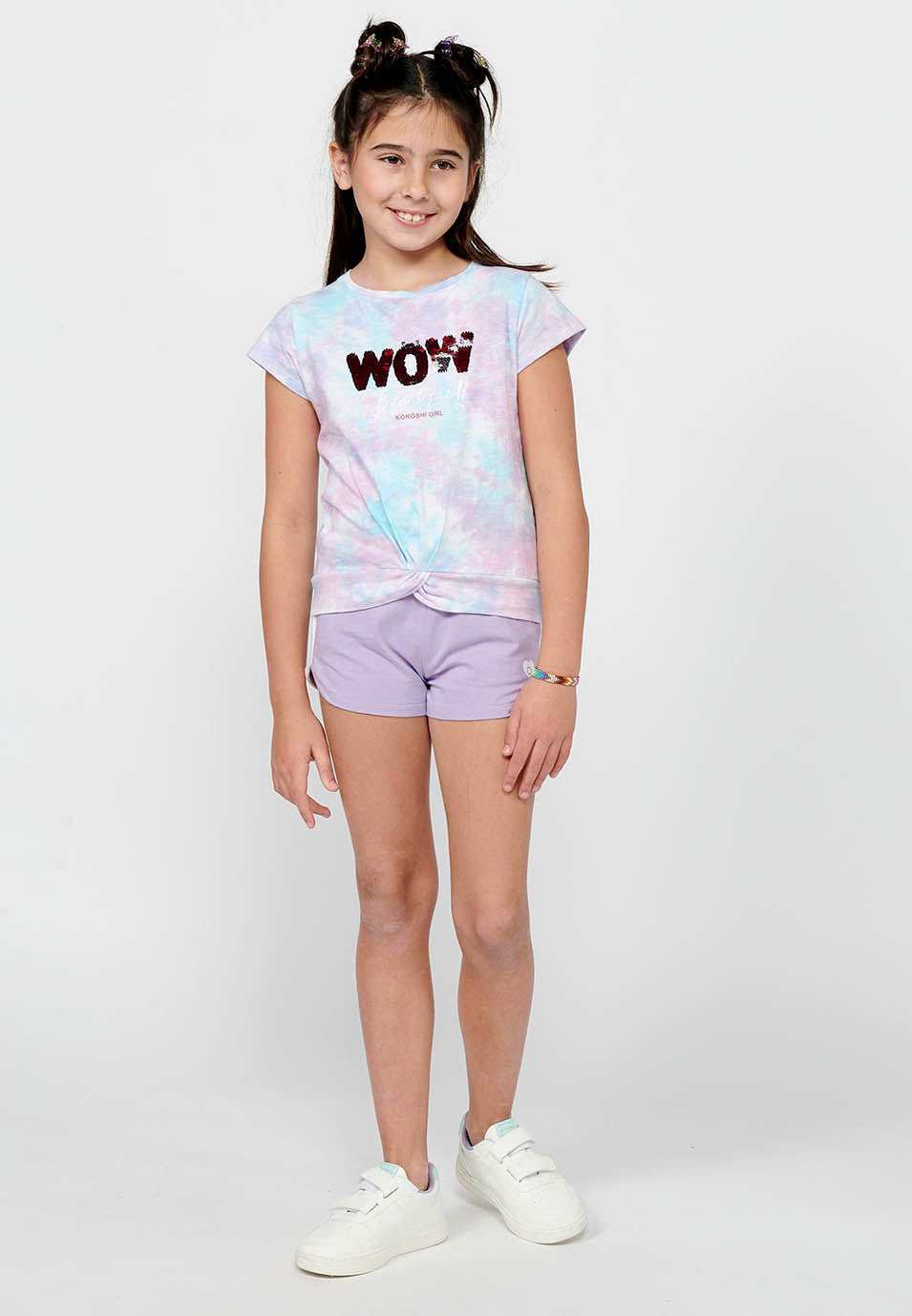 Camiseta Niña Manga Corta Estampada con Nudo – Koroshi Lila