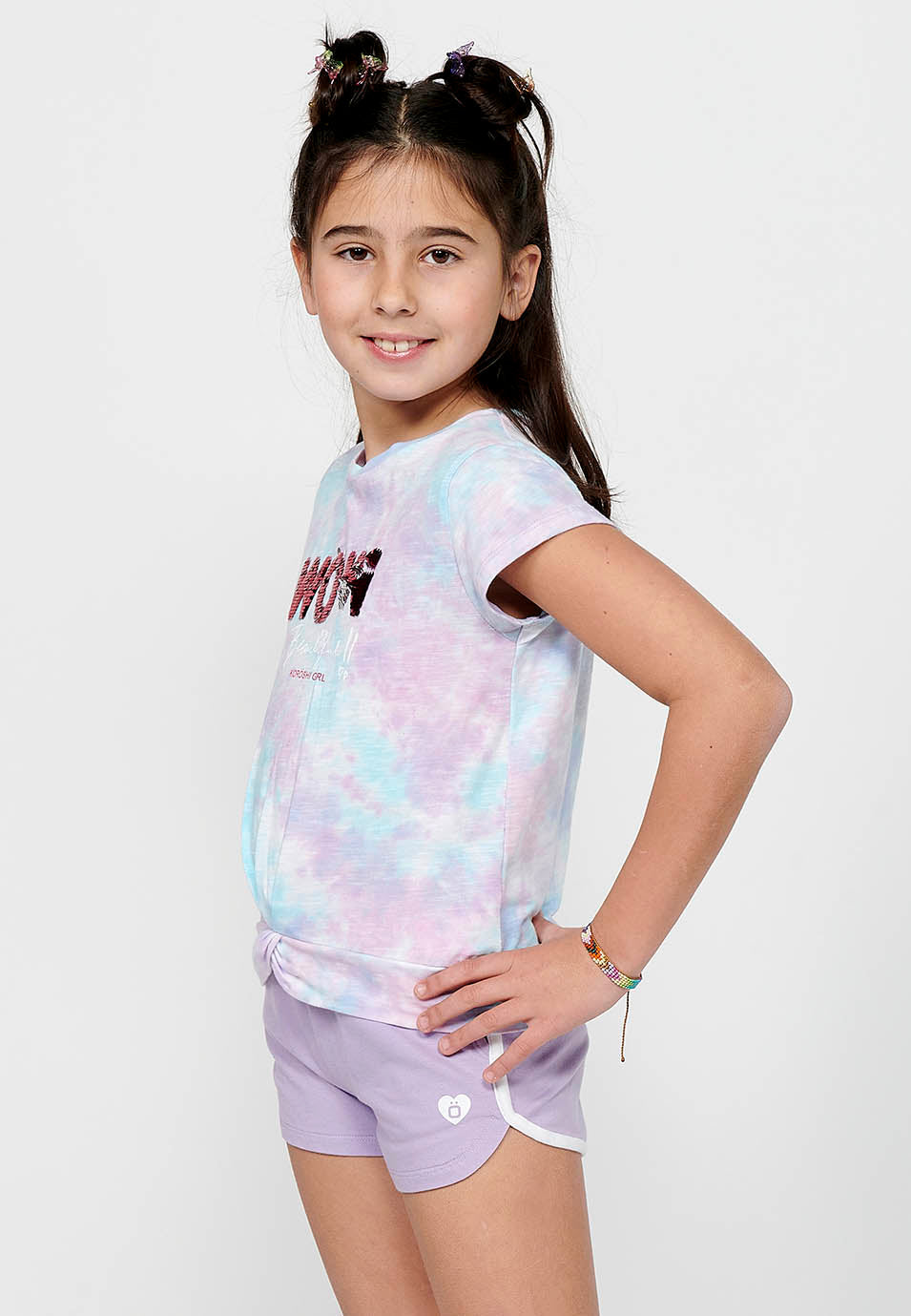 Camiseta Niña Manga Corta Estampada con Nudo – Koroshi Lila