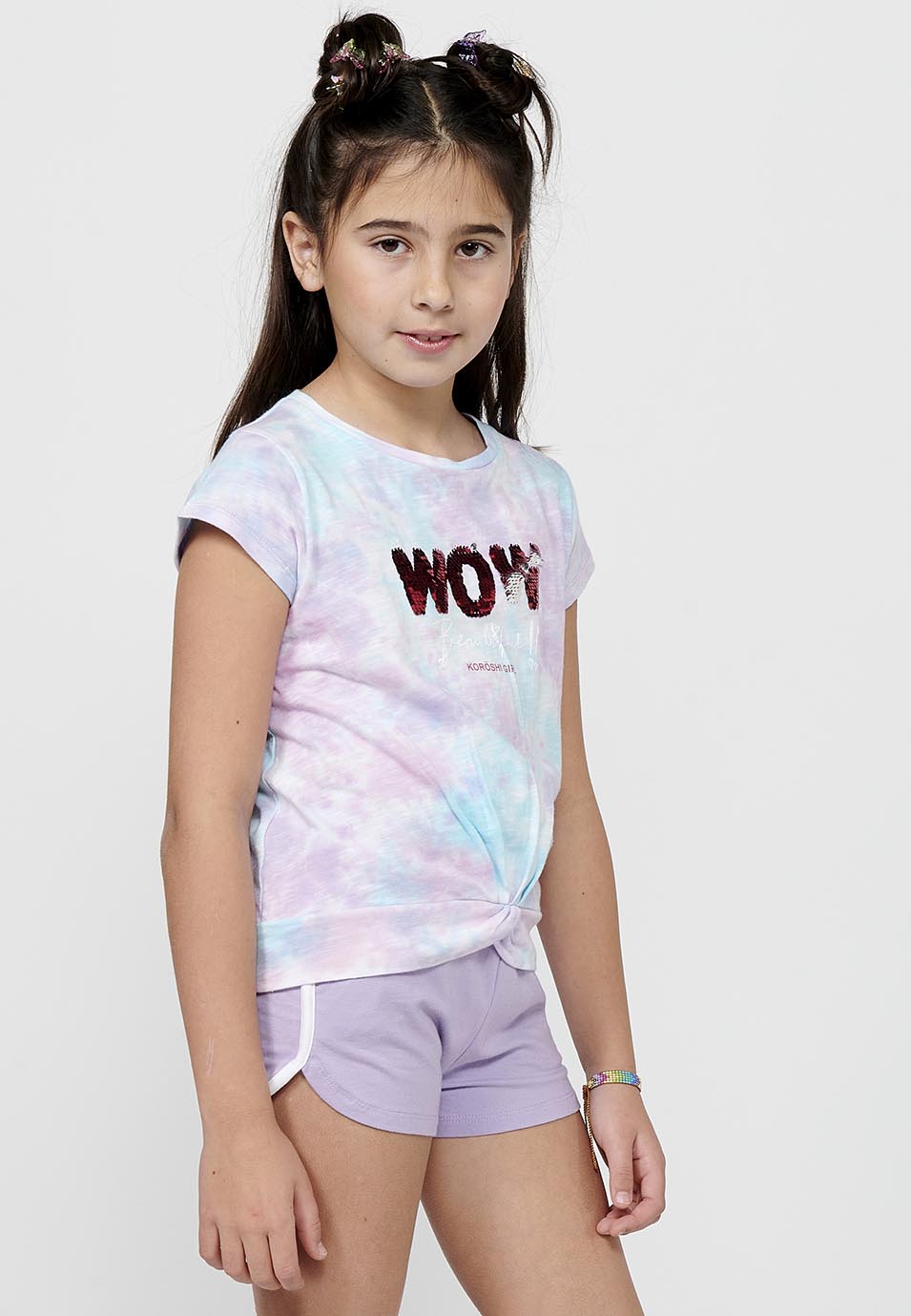 Camiseta Niña Manga Corta Estampada con Nudo – Koroshi Lila