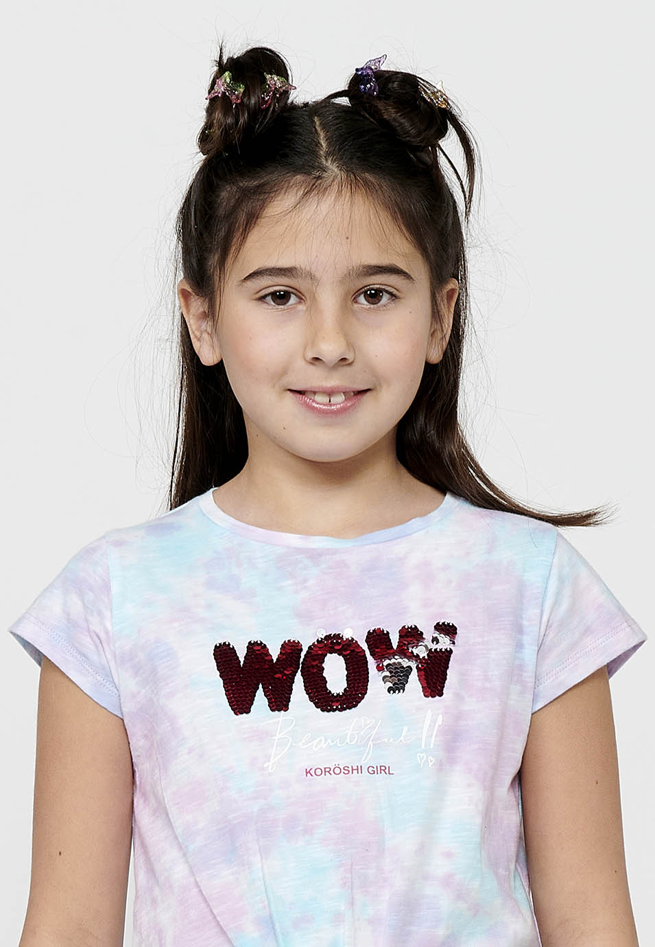 Camiseta Niña Manga Corta Estampada con Nudo – Koroshi Lila