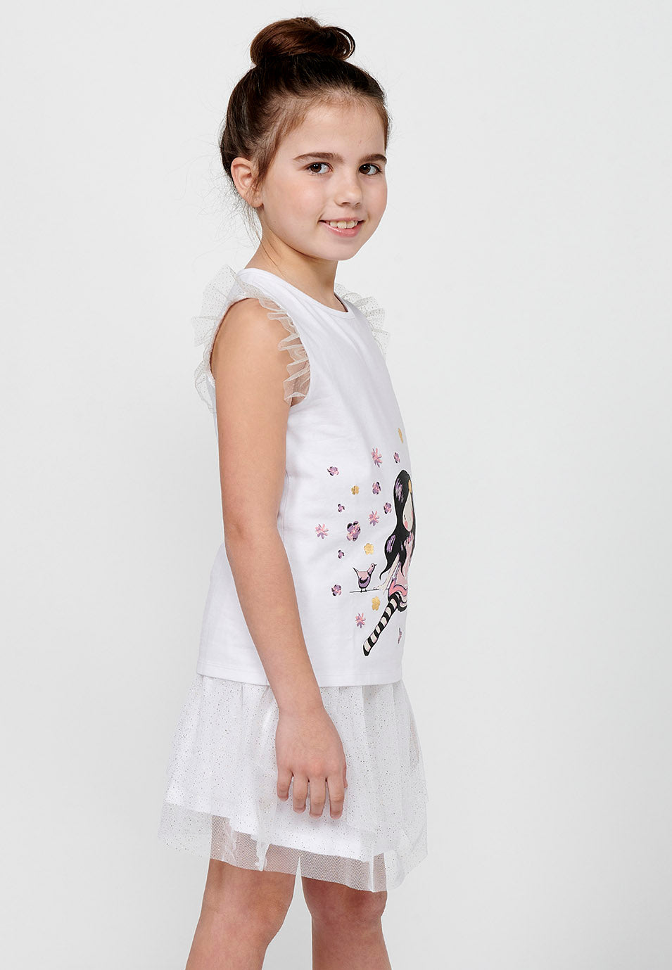 Camiseta Niña Manga Corta Volantes – Koroshi Blanco