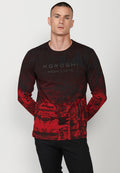 Camiseta de manga larga de algodón de cuello redondo con estampado degradado petróleo para hombre