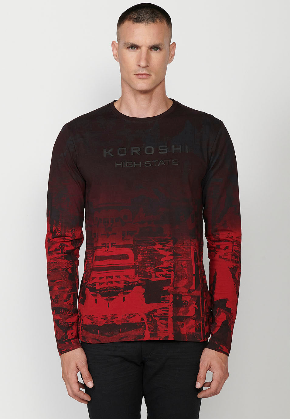 Camiseta de manga larga de algodón de cuello redondo con estampado degradado petróleo para hombre
