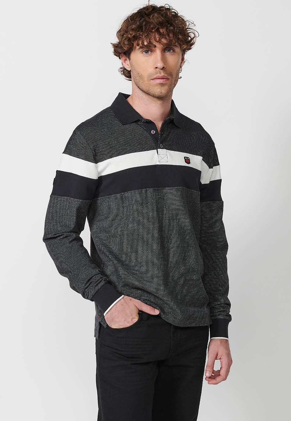Polo manga larga algodón cuello camisero hombre