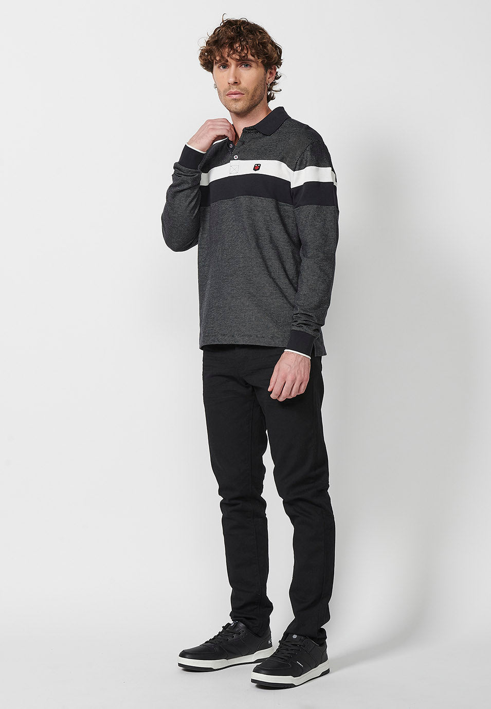 Polo manga larga algodón cuello camisero hombre