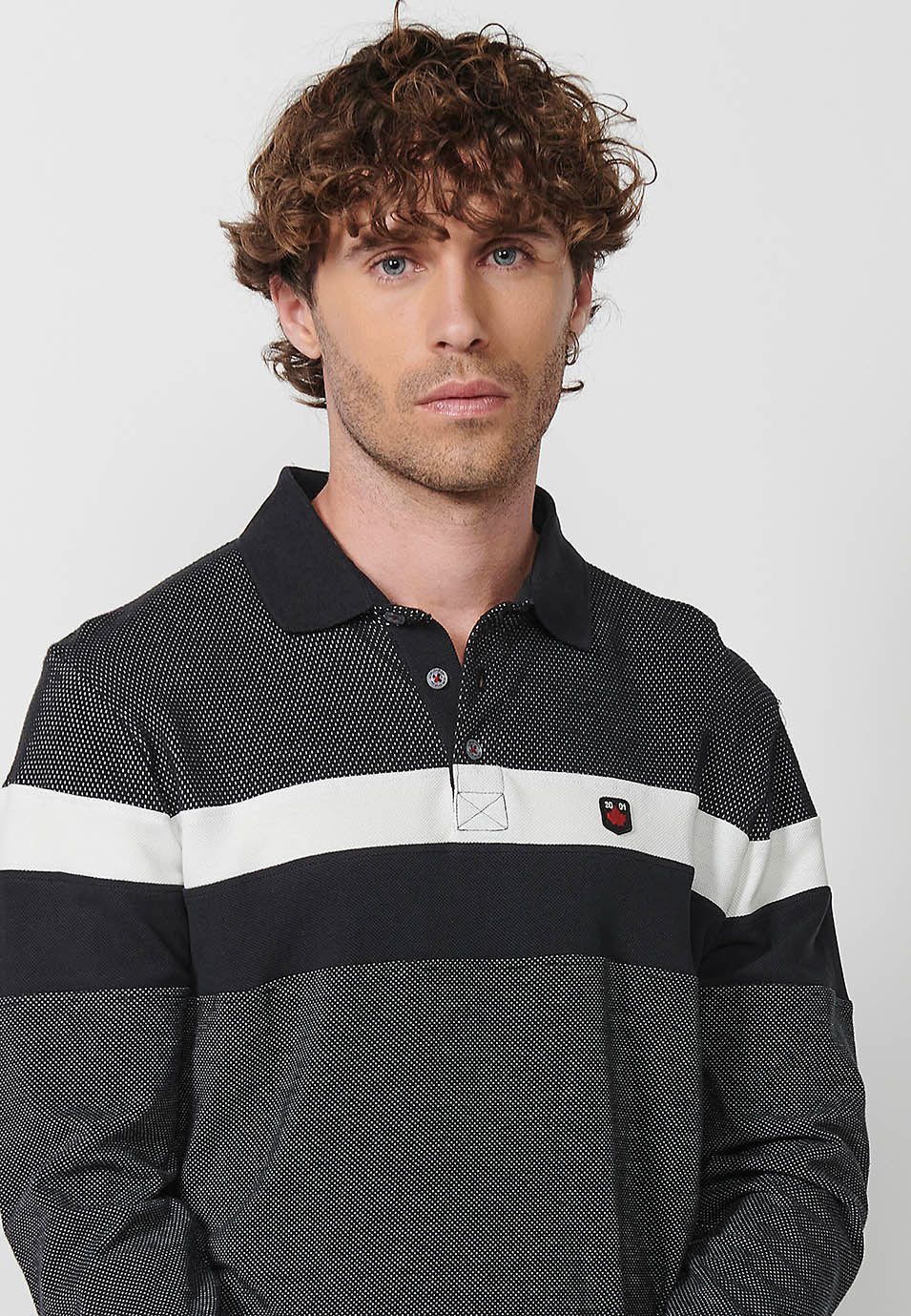 Polo manga larga algodón cuello camisero hombre