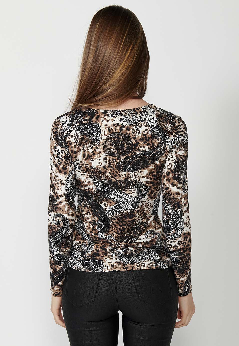 Camiseta manga larga escote de pico cremallera y estampado cachemir mujer