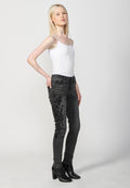 Pantalón largo slim fit con detalles bordados y cremallera y botón mujer