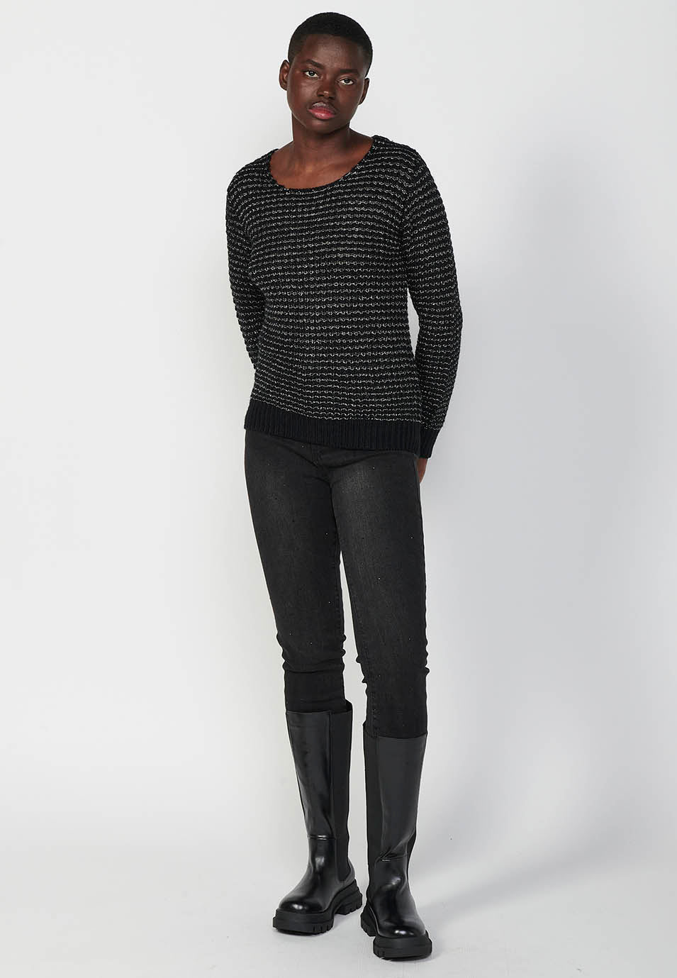 Jersey punto tricot manga larga cuello redondo mujer