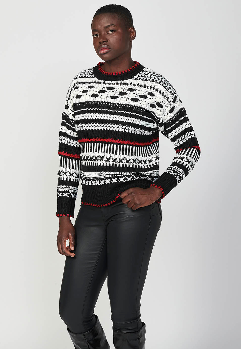 Jersey punto tricot galga gruesa cuello redondo mujer