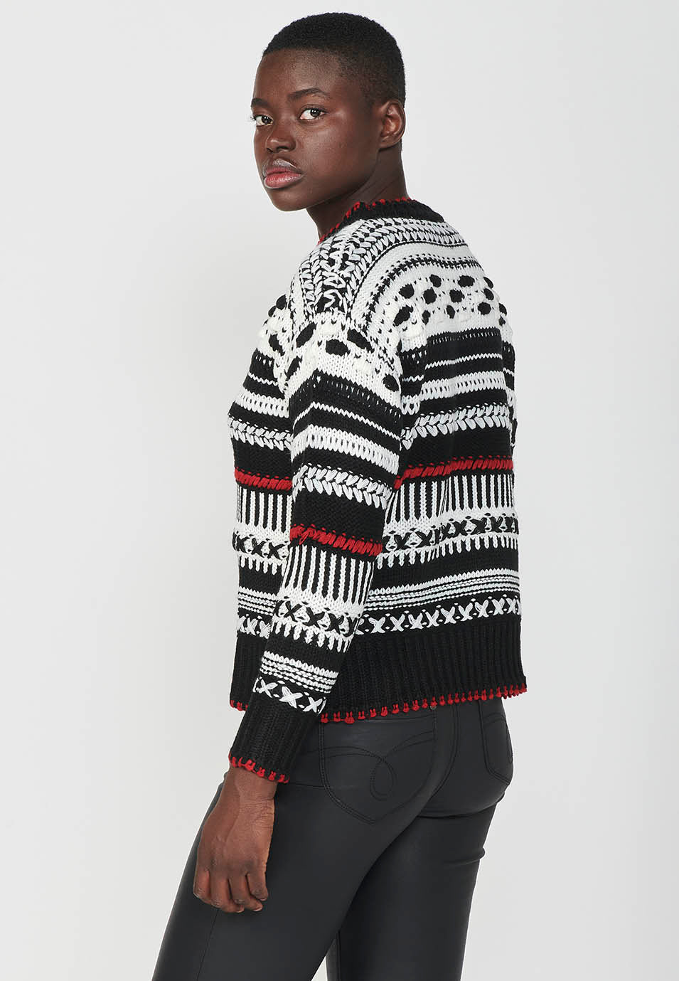 Jersey punto tricot galga gruesa cuello redondo mujer