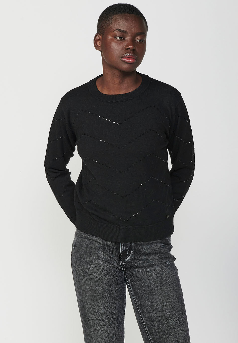 Jersey cuello redondo detalle brillo zig-zag mujer