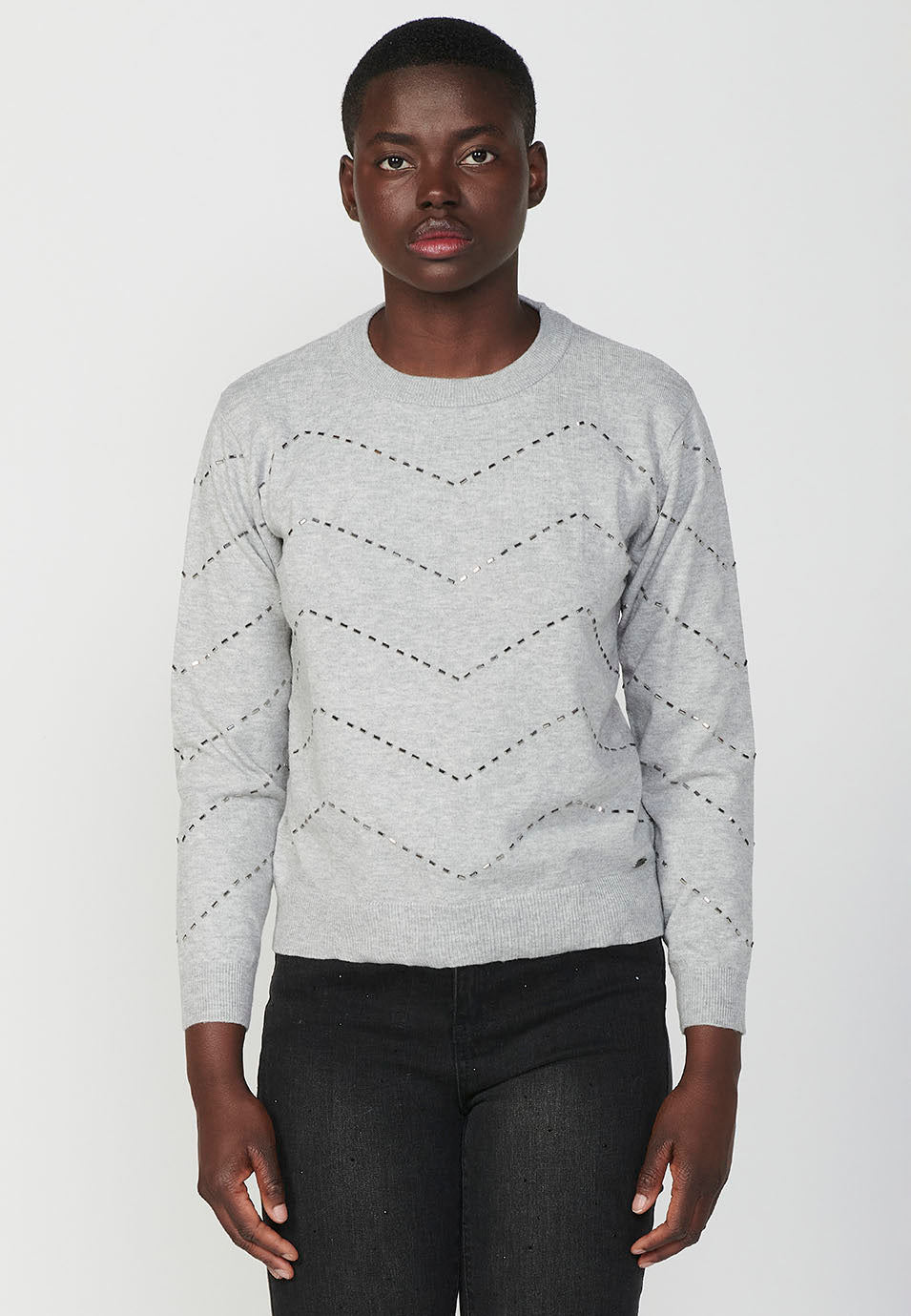 Jersey cuello redondo detalle brillo zig-zag mujer