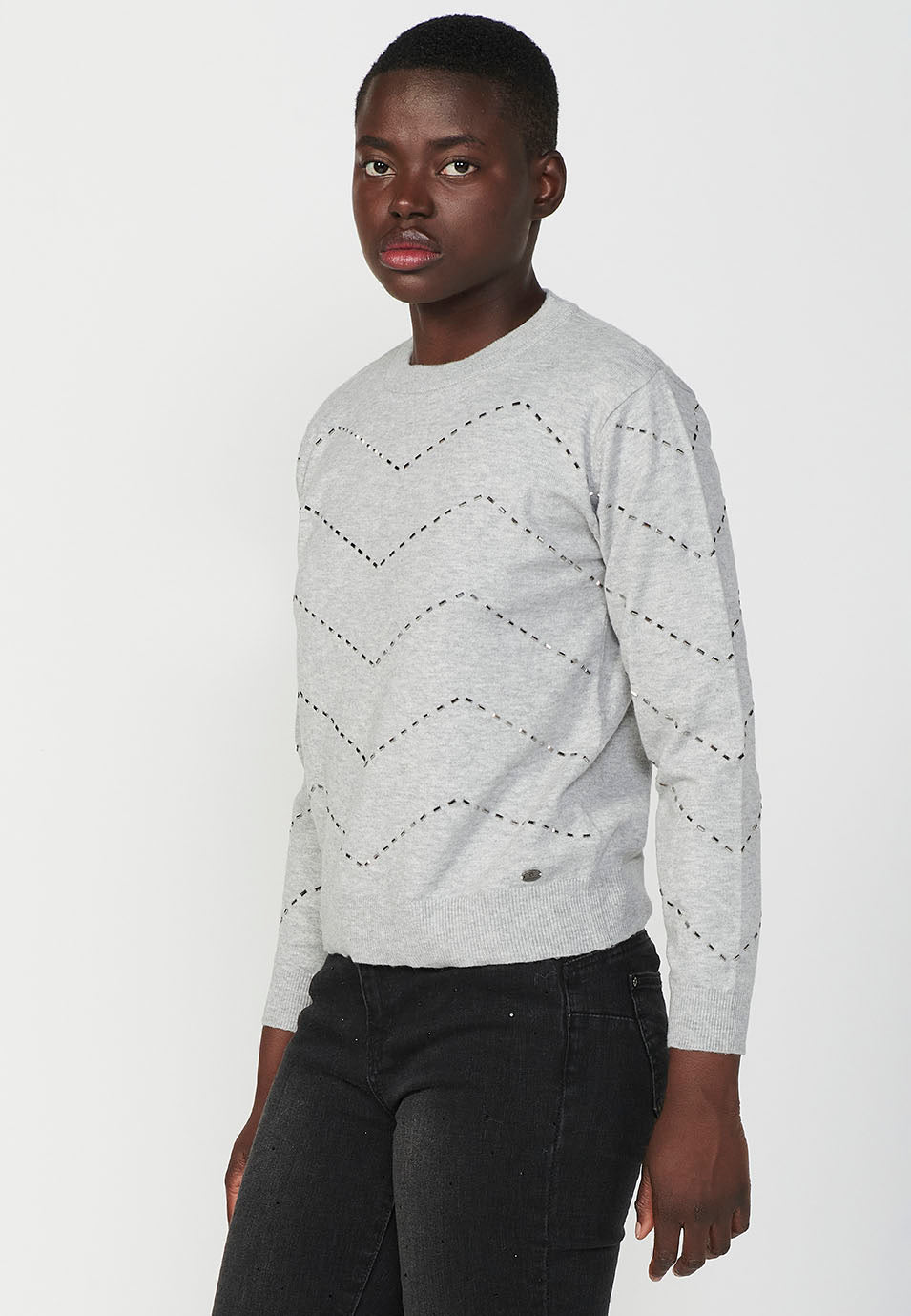 Jersey cuello redondo detalle brillo zig-zag mujer