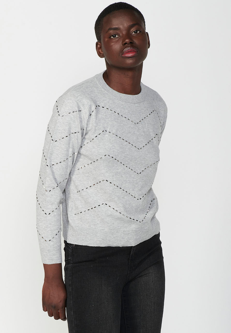 Jersey cuello redondo detalle brillo zig-zag mujer