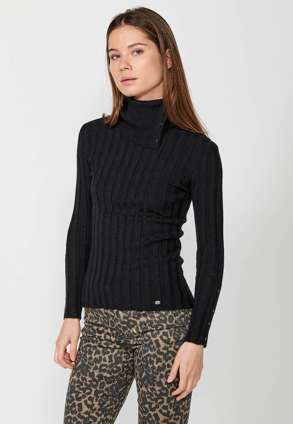 Jersey punto acanalado manga larga y cuello vuelto mujer