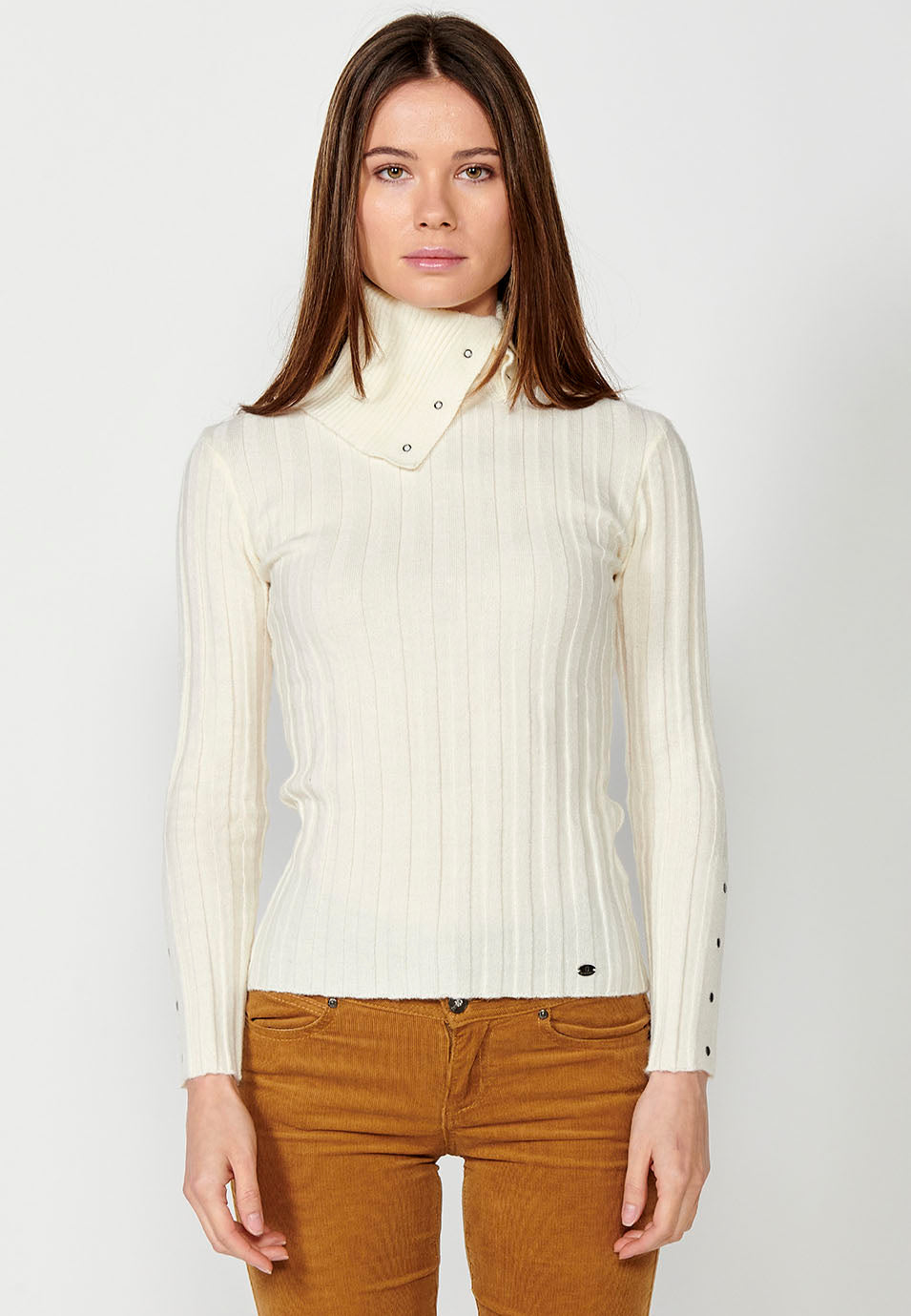 Jersey punto acanalado manga larga y cuello vuelto mujer