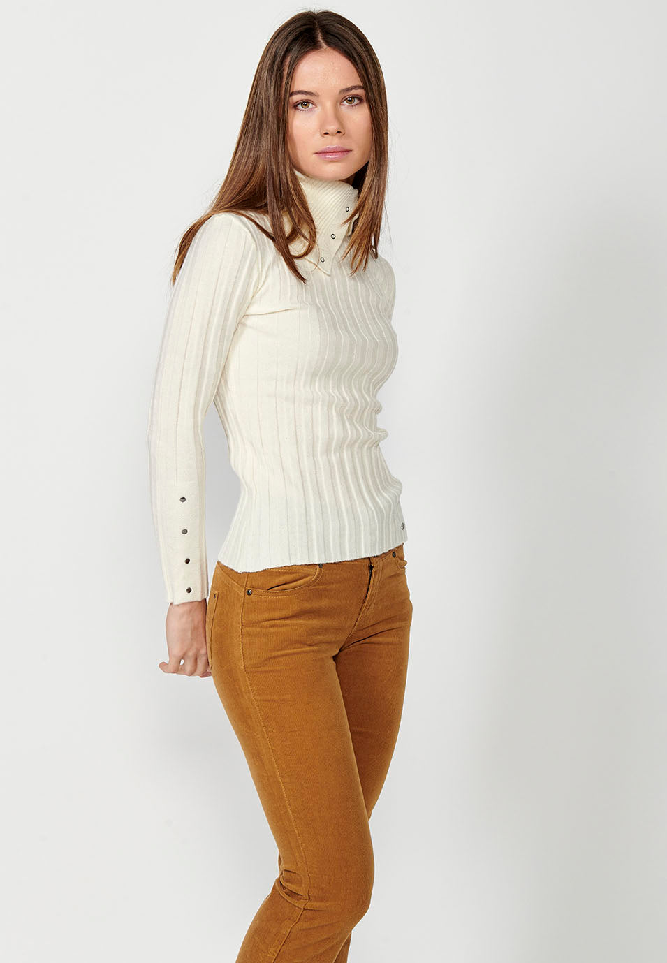 Jersey punto acanalado manga larga y cuello vuelto mujer